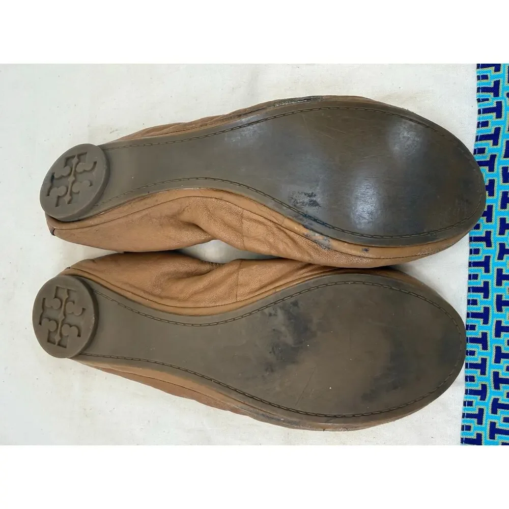 Tory Burch Eddie Leather Ballet Flats Camel Tan Size 8 Logo Foldable Flats